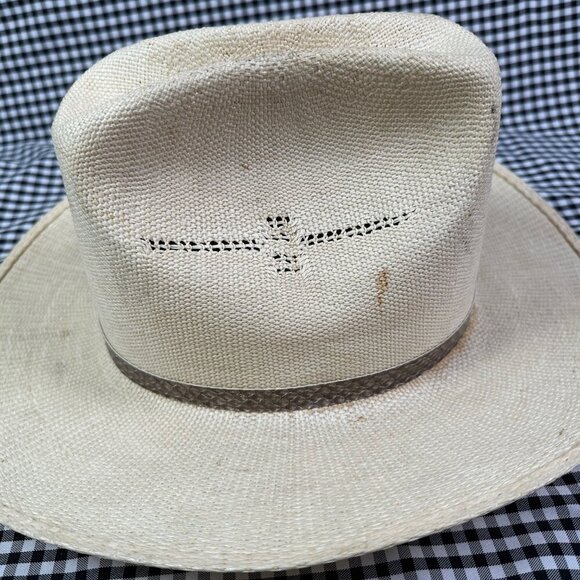 Rockymount Ranch Wear Vintage Straw Western Cowboy Hat Feather Strap Size 7 1/8 - Picture 4 of 5
